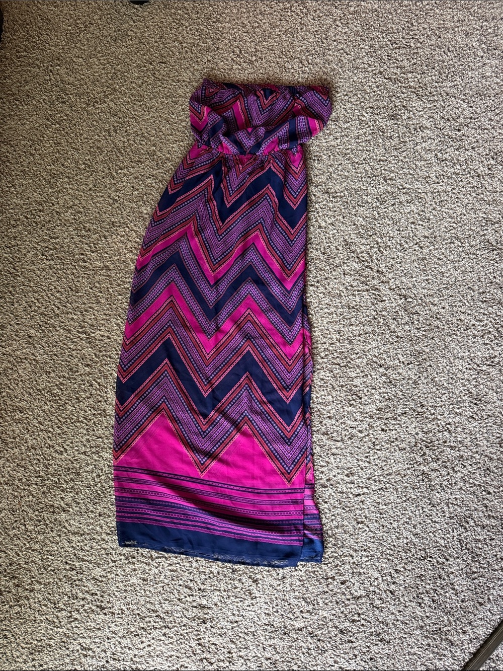 Express strapless maxi dress with slit pink purple and navy